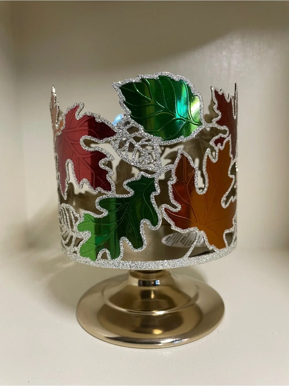 Festive Autumn Leaf Candle Holder in Red & Orange & Green with gold trim/ BBW